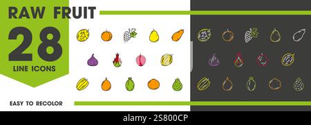 Icone della linea di frutta cruda con frutti esotici tropicali di papaya, fichi e feijoa, cibo vettoriale. Frutta intera cruda icone lineari di pesca e uva, pera e dr Illustrazione Vettoriale
