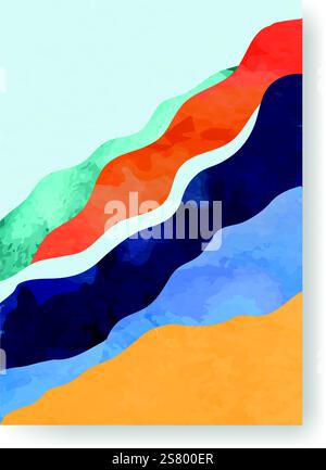 Pittura astratta di paesaggi con linee ondulate colorate e effetto acquerello testurizzato, creando una rappresentazione moderna e artistica della natura Illustrazione Vettoriale