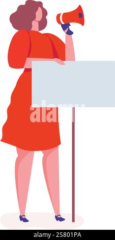 Woman holding blank banner and shouting on megaphone promoting her ideas during manifestation, fighting for equal rights and supporting feminism movement Illustrazione Vettoriale