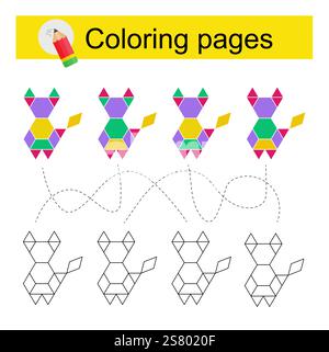 Gioco educativo per bambini. Attraversa il labirinto e colora un animale da cartone animato in base al motivo. Illustrazione vettoriale. Illustrazione Vettoriale