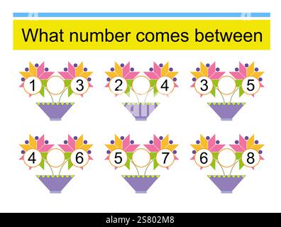Quale numero si trova tra? Fogli di lavoro matematici per bambini. Illustrazione vettoriale dei fiori dei cartoni animati Illustrazione Vettoriale
