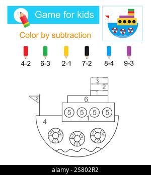 Pagine da colorare. Colore per sottrazione. Illustrazione vettoriale per l'educazione dei bambini. Nave dei cartoni animati. Illustrazione Vettoriale
