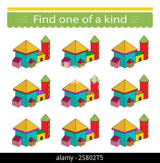 Divertente gioco educativo per bambini. Devo trovare una casa unica nel suo genere. Pagina attività per bambini. Illustrazione vettoriale. Illustrazione Vettoriale