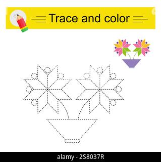 Traccia e colore per bambini. Foglio di lavoro prescolare per esercitarsi con abilità motorie di precisione. Design Cartoon Flat. Illustrazione Vettoriale