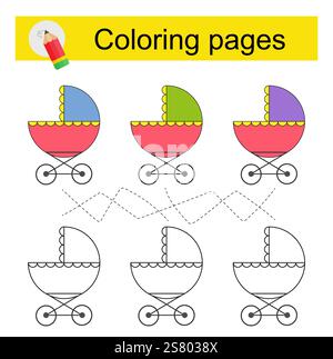 Gioco educativo per bambini. Attraversa il labirinto e colora un carrello cartoni animati in base al motivo. Illustrazione vettoriale. Illustrazione Vettoriale