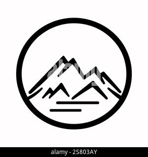 Design con logo da viaggio. Silhouette da montagna su sfondo bianco. Semplice illustrazione vettoriale Illustrazione Vettoriale
