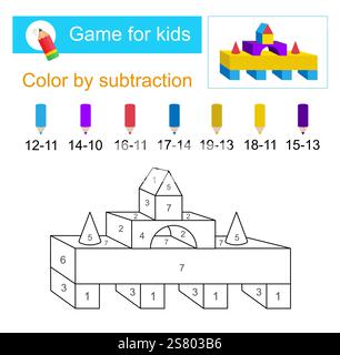 Pagine da colorare. Colore per sottrazione. Illustrazione vettoriale per l'educazione dei bambini. Piramide dei cartoni animati. Illustrazione Vettoriale