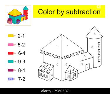 Pagine da colorare. Colore per sottrazione. Illustrazione vettoriale per l'educazione dei bambini. Casa dei cartoni animati Illustrazione Vettoriale