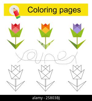 Gioco educativo per bambini. Attraversa il labirinto e colora un fiore di cartone animato secondo il motivo. Illustrazione vettoriale. Illustrazione Vettoriale