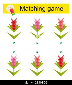Gioco di abbinamento. Attività di attenzione per i bambini. Illustrazione vettoriale del fiore del cartone animato. Illustrazione Vettoriale