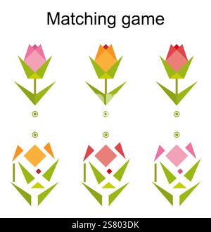 Gioco di abbinamento per bambini. Trova il colore corretto della rosa dei cartoni animati e abbina. Illustrazione vettoriale. Illustrazione Vettoriale