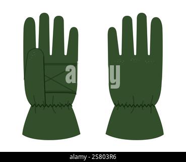 Guanti da sci Igloos Insulated Core cartone animato verde smeraldo accessori moda indumenti per illustrazione tecnica. Vista posteriore con palmo anteriore vettoriale per uomo e donna, unisex su sfondo bianco Illustrazione Vettoriale