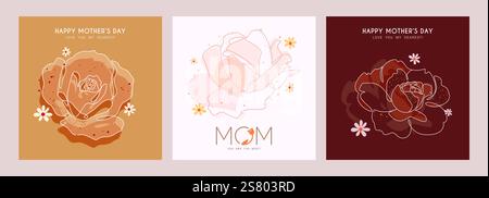 Design del set di poster della festa della mamma. Splendida clip art rosa per una mamma felice, con un elegante disegno color pastello che delinea la collezione floreale Illustrazione Vettoriale