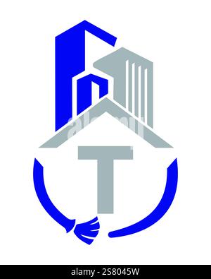 Lettera iniziale T concetto del logo per la pulizia industriale con spazzola per la pulizia e simbolo da costruzione. Insegna scopa Illustrazione Vettoriale