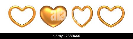 Design realistico del set di cuori d'oro 3D. Illustrazione Vettoriale