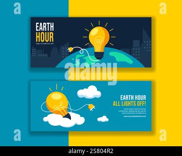 Creazione di banner orizzontali per social media Earth Hour con modello di stile cartone animato Illustrazione Vettoriale