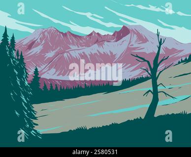 Poster art WPA del Wheeler Peak nella Snake Range, situato nel Great Basin National Park nella contea di White Pine, Nevada, Stati Uniti, realizzato in Works proje Illustrazione Vettoriale