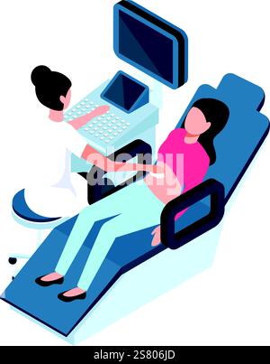 Medico femminile che utilizza lo scanner a ultrasuoni per esaminare la donna incinta sdraiata sul tavolo d'esame, esame medico durante la gravidanza, assistenza sanitaria e concetto diagnostico Illustrazione Vettoriale