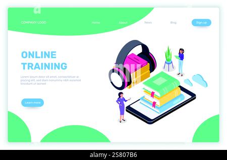 Due studentesse utilizzano uno smartphone con cuffie e una serie di libri per imparare con i corsi di formazione online, in questa illustrazione isometrica per l'e-learning e il concetto di conoscenza Illustrazione Vettoriale