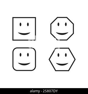 Icone con volto sorriso. Forme emoticon geometriche. Simboli in bianco e nero. Design vettoriali divertenti. Illustrazione Vettoriale