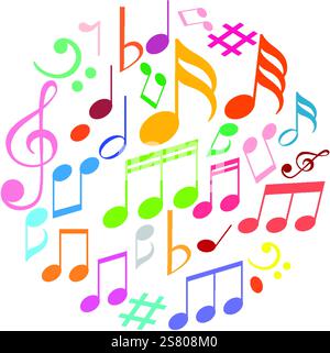 Note musicali vivaci in vari colori e forme Illustrazione Vettoriale