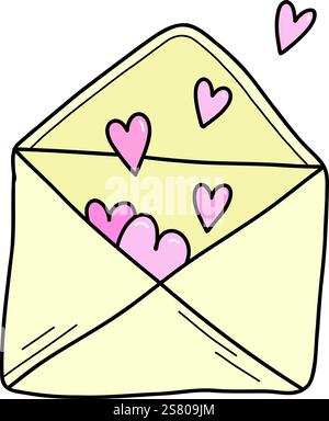 Busta singola per San Valentino felice con cuori rosa in volo . Busta disegnata a mano con dichiarazione d'amore il giorno di San Valentino. Invia un messaggio d'amore Illustrazione Vettoriale