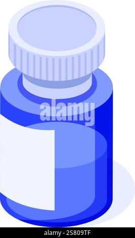 Vista isometrica di una bottiglia blu per medicinali in plastica con etichetta bianca vuota e tappo a vite bianco, ideale per i concetti farmaceutici o sanitari Illustrazione Vettoriale