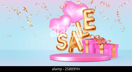 Podio circolare rosa con testo in metallo dorato sale, palloncini a cuore galleggiante, scatole regalo avvolte con nastri dorati e rastrelli a coriandoli sparsi su sfondo blu pastello per la promozione di San Valentino. Illustrazione Vettoriale