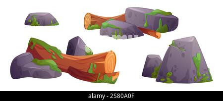 Ambiente paludoso con pietre coperte di muschio e tronchi di legno. Rocce grigie e pezzi di legno marrone con vegetazione verde. Elementi paesaggistici naturali per ambientazioni di gioco e scene di avventura. Illustrazione Vettoriale