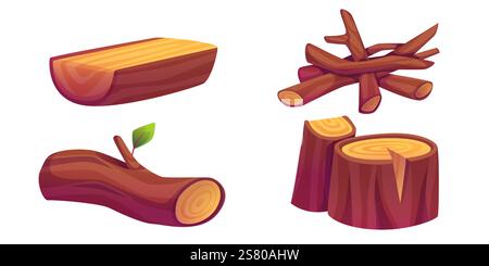 Set di elementi in legno con legname tritato - tavola di tronco divisa, pila di rami impilati, tronco curvo con foglia, ceppi a taglio tondo. Elementi in materiale naturale per interfaccia di gioco, scene di campeggio e design forestale Illustrazione Vettoriale