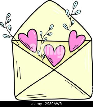 Busta singola per San Valentino felice con cuori rosa in volo . Busta disegnata a mano con dichiarazione d'amore il giorno di San Valentino. Invia un messaggio d'amore Illustrazione Vettoriale