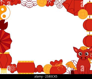 Capodanno cinese 2026 design artistico moderno nei colori rosso, oro e bianco per copertina, cartolina, poster, striscione con motivo geometrico alla moda. Anno nuovo di cavallo Illustrazione Vettoriale