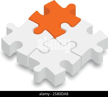 Puzzle 3D pezzi. Pezzi bianchi con un arancione evidenziato. Cooperazione di gruppo, lavoro di squadra o tema aziendale della soluzione. Illustrazione vettoriale con ombreggiatura. Illustrazione Vettoriale
