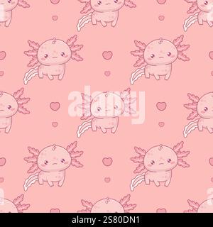 Motivo senza cuciture con simpatico axolotl su sfondo rosa chiaro con cuore. Divertente personaggio dei cartoni animati kawaii. Illustrazione vettoriale. Romantico backgroun Illustrazione Vettoriale