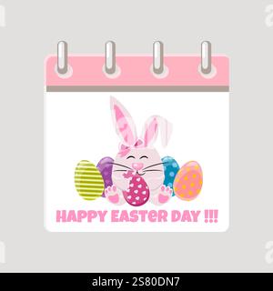Pagina del calendario per il giorno di Pasqua con coniglietto e uova da colorare per biglietti d'auguri, adesivi, inviti e molti altri disegni. Modello biglietto d'auguri Illustrazione Vettoriale