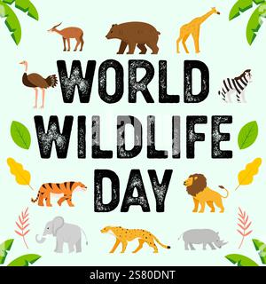 illustrazione di un design piatto per la giornata mondiale della fauna selvatica Illustrazione Vettoriale