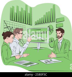 Un gruppo di persone conduce colloqui con le parti interessate per identificare e comprendere i problemi del processo decisionale. Illustrazione vettoriale. Illustrazione Vettoriale