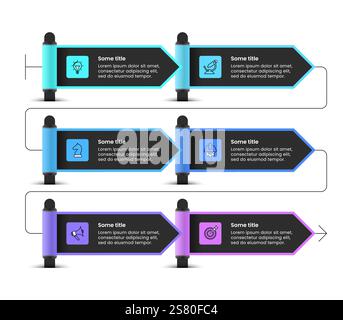 Modello infografico con icone e 6 opzioni o passaggi. Freccia. Può essere utilizzato per il layout del flusso di lavoro, il diagramma, il banner, il webdesign. Illustrazione vettoriale Illustrazione Vettoriale