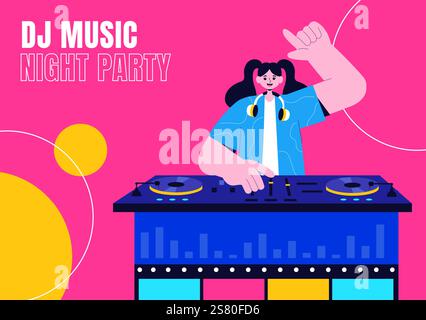Modelli di cartoni animati piatti disegnati a mano per la vita notturna DJ Club sfondo social media Illustrazione Vettoriale