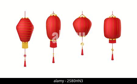Lanterne cinesi rosse per le festività di Capodanno, set di icone di colori realistici. Lampade tradizionali asiatiche con nappine e monete oggetti 3d si impacchettano di bianco Illustrazione Vettoriale