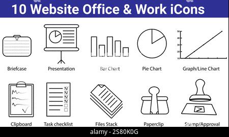 set di 10 icone di lavoro e ufficio del sito web Illustrazione Vettoriale