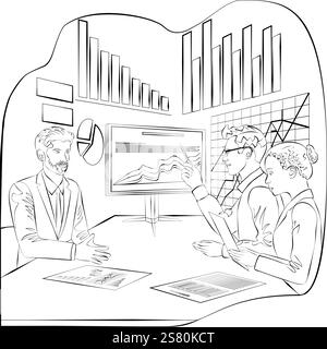 Un gruppo di persone conduce colloqui con le parti interessate per identificare e comprendere i problemi del processo decisionale. Schizzo. Illustrazione vettoriale. Illustrazione Vettoriale