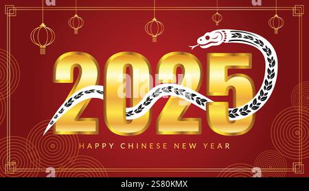 Banner del Capodanno cinese 2025 con tipografia di serpente e oro Illustrazione Vettoriale
