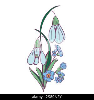 Illustrazione dei primi fiori primaverili, gocce di neve bianche e Forget-me-Not blu su sfondo bianco. Illustrazione vettoriale dello stile di schizzo. Primavera Illustrazione Vettoriale