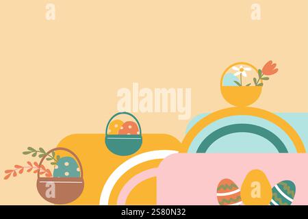 Vivace design geometrico pasquale con cesti e uova per le feste. Sfondo degli elementi del tema pasquale astratto piatto. Illustrazione Vettoriale