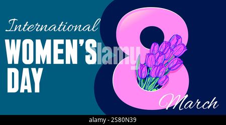 Banner per la giornata internazionale delle donne con il numero otto e un mazzo di tulipani su sfondo rosa. 8 marzo giornata internazionale femminista Illustrazione Vettoriale