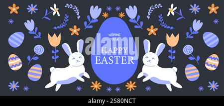 Auguri di buona pasqua con motivi floreali geometrici con coniglietti e uova. Illustrazione Vettoriale