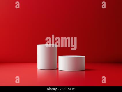 Scenografia 3D minimalista con piattaforme vuote cilindriche bianche su uno sfondo rosso brillante, modelli di prodotto, espositori per showroom e Illustrazione Vettoriale