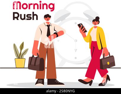 Illustrazione vettoriale di Morning Rush con persone affrettate verso le aziende, la vita di Morning City, la gestione del tempo e l'urgenza del tempo che scade Illustrazione Vettoriale