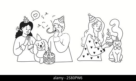 Proprietari che celebrano i compleanni degli animali domestici, la collezione di icone lineari. Le persone felici durante le vacanze con gli animali sguazzano personaggi ambientati su sfondo bianco Illustrazione Vettoriale